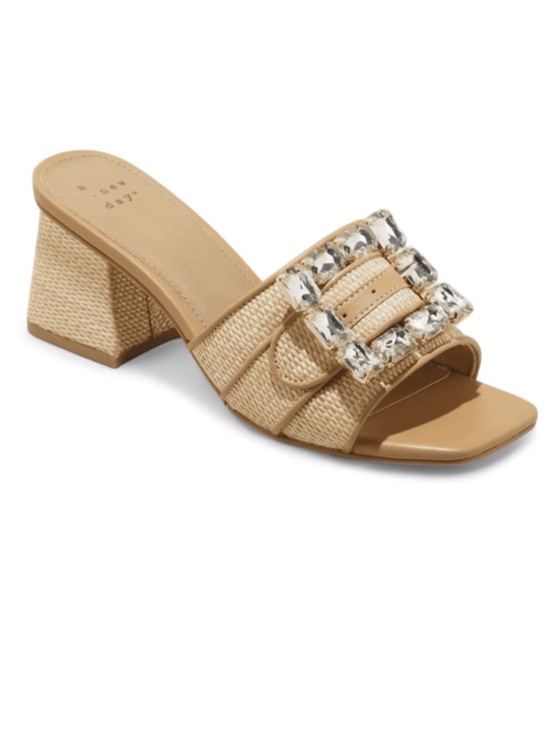 a new day Shoes - a new day Tan Woven Block Heel Slide with Crystal Buckle